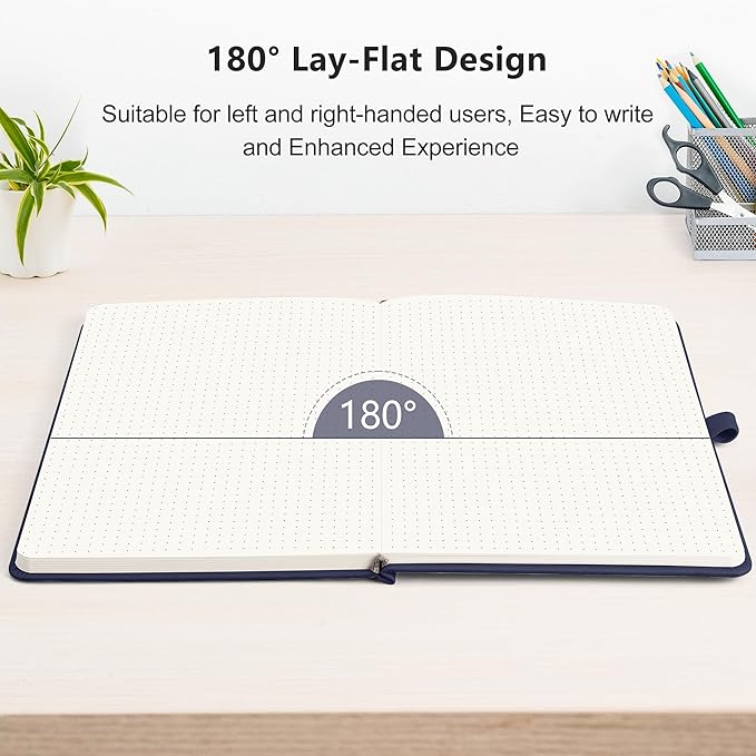 RETTACY Dotted Journal Notebook, 192 Pages, A5 Medium Size (5.7'' x 8.3''), Leather Hardcover, 100 GSM Thick Paper, for Bullet Journaling, Planning, Tracking (Navy Blue)