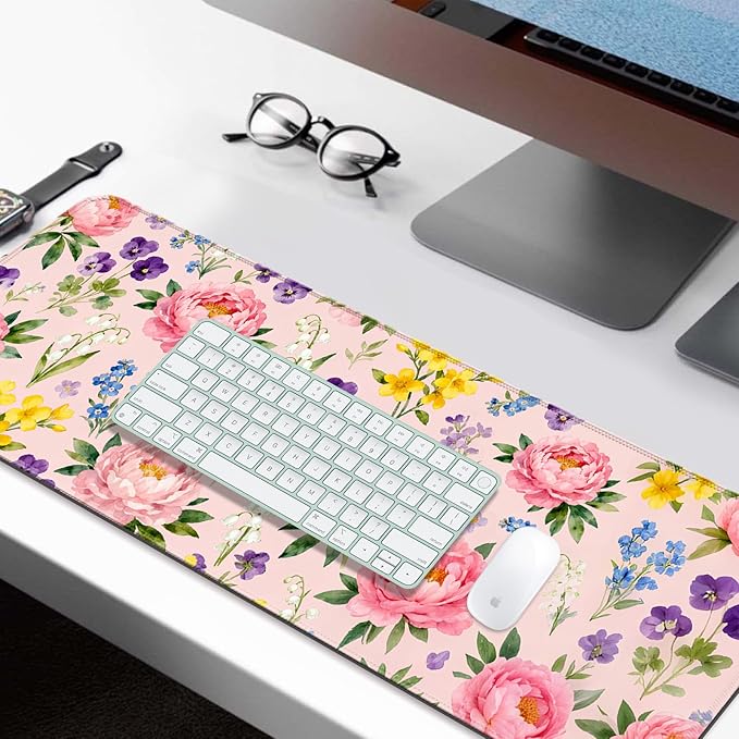 Pink Peony Flowers XL Large Desk Mat, Extended Long Pretty Floral Aesthetics Desk Pad for Gaming and Office, Non-Slip Rubber Base, Comfortable Surface Mouse Pad, 31.5x11.8 in (H12)