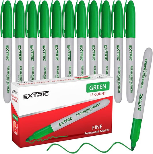 EXTRIC Permanent Markers Green, 12 Count Fine Point Markers, Quick Drying, Works on wood, Paper, Plastic, Metal and Glass, for Home, Office and School