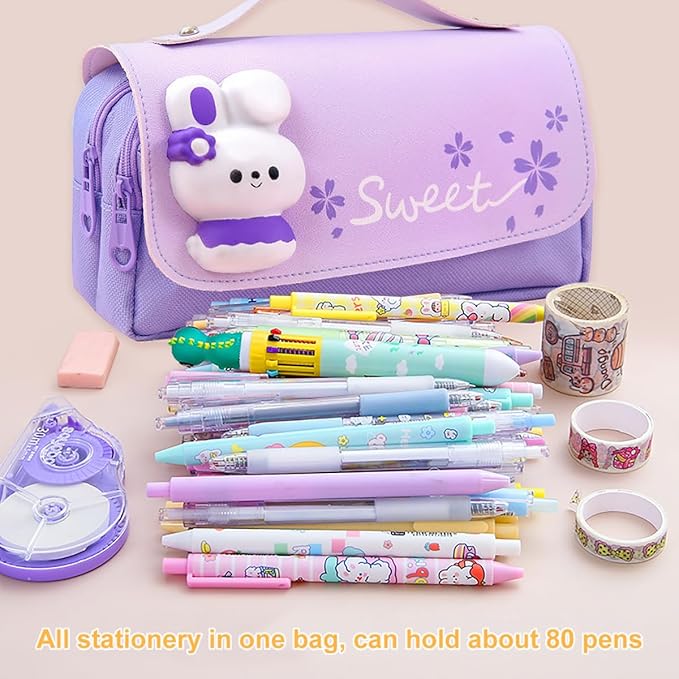 MCWTH Pencil Case for Girls, Kids Large Capacity Cute Pencil Box with Compartments School Organizer Pen Pouch (Sakura Purple)