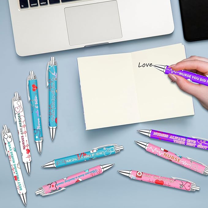 Idealmuzik Nurse Appreciation Week Ballpoint Pens Set of 10 – Nurse Theme Pens with Stethoscope, Heart & ECG Designs and Encouraging Quotes – Smooth Black Ink Pens for Hospital, Office, and Daily Use