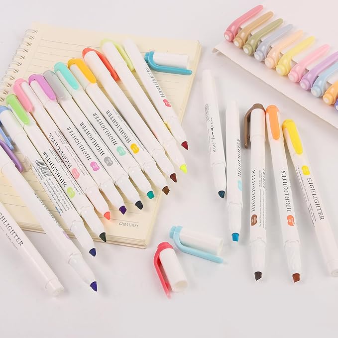 35Pcs Assorted Colors Highlighters, Pastel Highlighter Real Mild Markers Dual Tip Highlighter Markers Chisel and Fine Tips for Coloring, Underlining, Highlighting