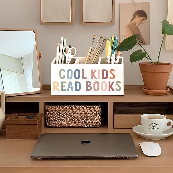 Book Lovers Gifts Pen Holder, Book Reader Gifts Pencil Holder for Desk, Boho Cool Kids Read Books Wooden Box Sign Decorations for Reading Room Corner Nook Classroom Desk Tabletop