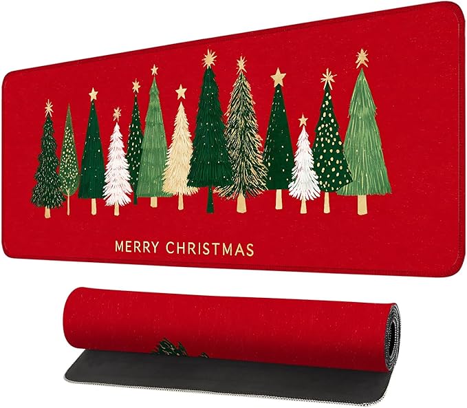 Desk Mat, XXL Extended Gaming Pad for Desktop, 35x16 Inches Trees on Red Background, Large Non-Slip Vegan Leather Surface with Stitched Edges, Keyboard Mouse Mat for Home Office