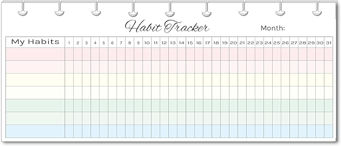 Horizontal Habit Tracker Inserts for 9 Classic Skinny Size Planners | Color or Black & White | Monthly Habit Log (Color, 9-Disc Skinny)