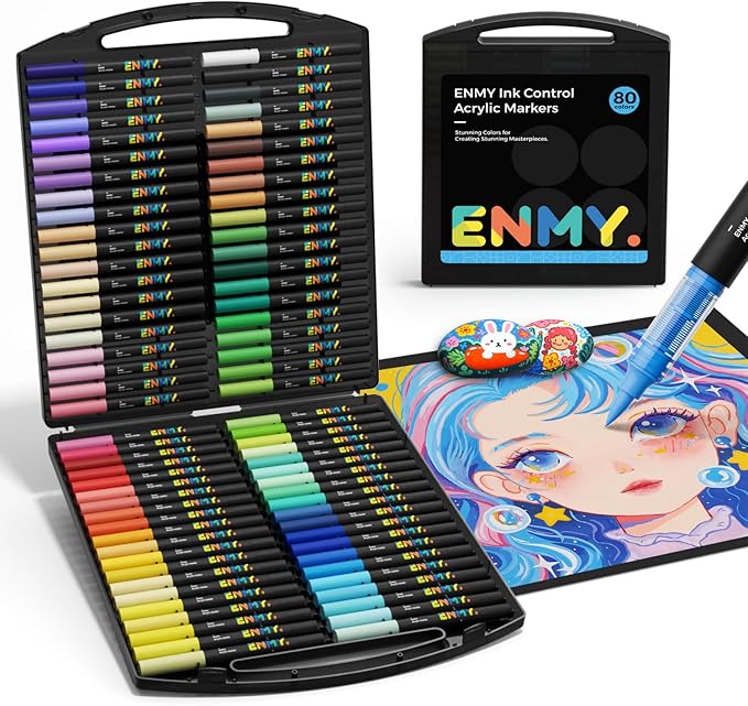 ENMY 80 Colors Acrylic Paint Markers, Direct Liquid Acrylic Paint Marker Pen, Fabric Markers for Textile, Canvas, Rock, Glass, Wood, Paper, DIY, Acrylic Coloring Pens for DIY Craft Supplies