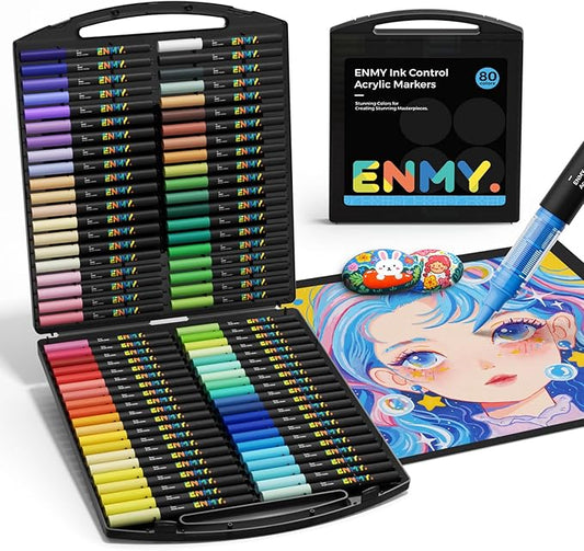 ENMY 80 Colors Acrylic Paint Markers, Direct Liquid Acrylic Paint Marker Pen, Fabric Markers for Textile, Canvas, Rock, Glass, Wood, Paper, DIY, Acrylic Coloring Pens for DIY Craft Supplies