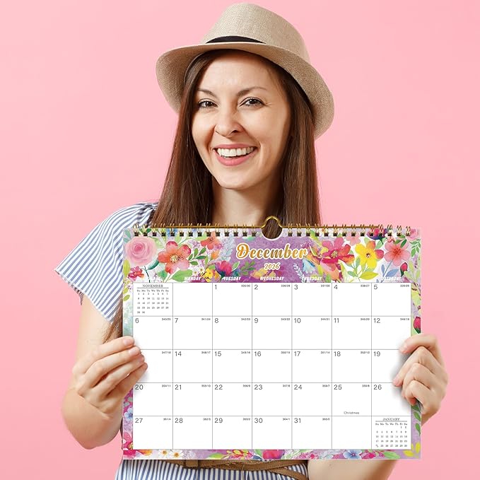 Calendar 2026-18 Monthly Wall Calendar, January 2026 - June 2027, 8.5" x 11", Calendar 2026-2027 with Twin-Wire Binding, Hanging Hook, Blocks and Julian Dates (Watercolor Wall Calendar)