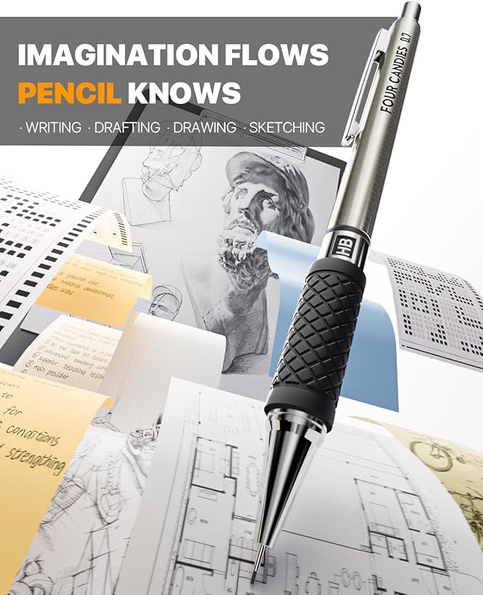 Metal Mechanical Pencil Set - 6PCS 0.9mm Art Mechanical Pencils & 360PCS HB Lead Refills & 3PCS Erasers & 9PCS Eraser Refills, Drawing Mechanical Pencils for Writing, Sketching -With Case
