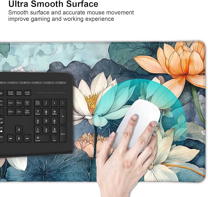 Aesthetic Lotus Flower Large Mouse Pad, Desk Mat Computer Keyboard Pad Non-Slip Rubber Base Waterproof with Stitched Edges for Laptop Gaming, Office & Home 31.5 x 11.8 Inch