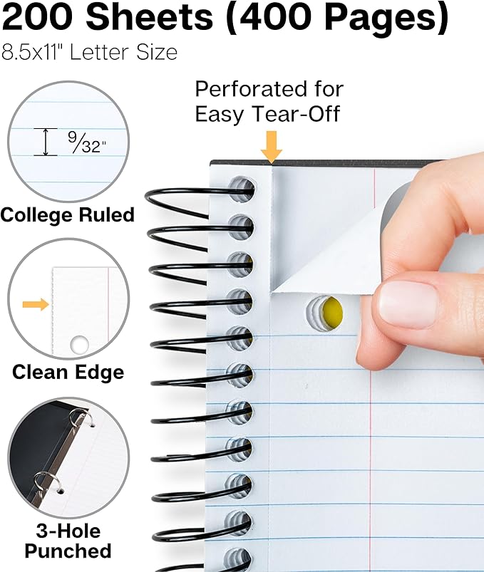 Dunwell 5-Subject Notebook, College Ruled, Colorful Movable Pocket Dividers with Tabs, Front/Back Plastic Covers, 200 Sheets (400 Pages) of 3-Hole Punch Perforated 8.5x11 Paper
