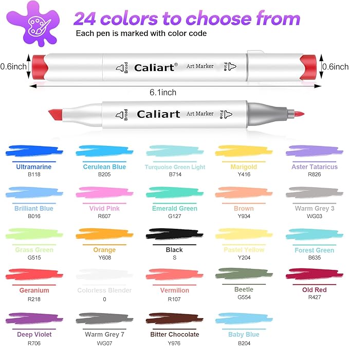 Caliart Alcohol Markers, 24 Colors Art Marker Set Fine & Chisel Dual Tip, Permanent Colored Pens for Adults Coloring Book Artists Illustration Sketch Lettering Drawing Cards Planner
