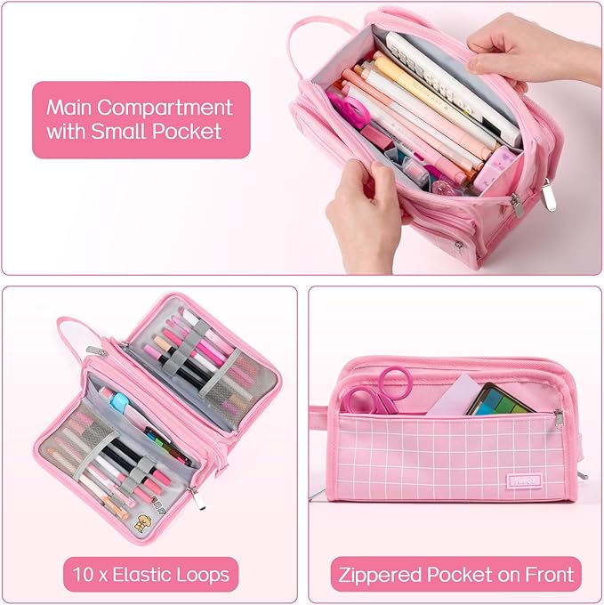 Sooez Large Pencil Case, Big Capacity Pencil Pouch Pen Bag with 3 Compartment, Portable Canvas Stationery Organizer with Zipper, Cute Aesthetic School Supplies for Teen Girls Boy, Pure Black