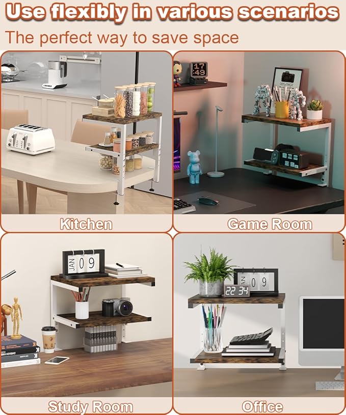 Clamp on Desk Organizer Shelf, Heavy-Duty Desk Extender Side Table with 2-Tier Adjustable Storage Shelves for Desktop Accessories, Gaming Devices, White