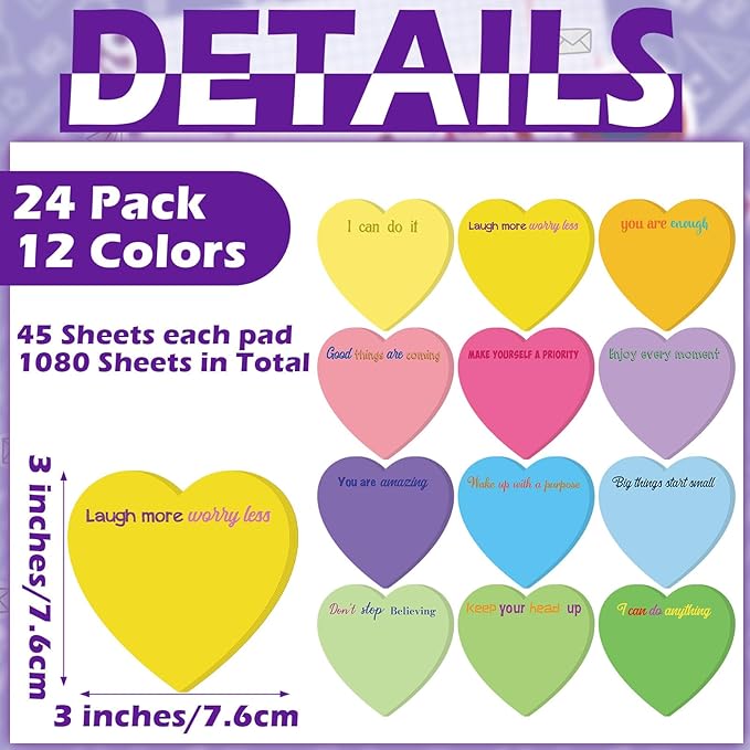Teling 24 Pack Valentine's Day Sticky Notes Heart Shape Sticky Notes 3 x 3 Inch Motivational Notepads Bulk Cute Memo Pads for Galentines Party Gifts School Office Supplies (Bright)
