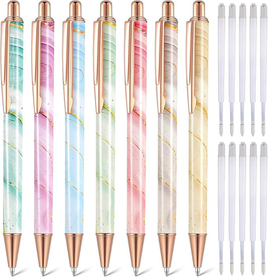 Sherr 7 Pcs Fancy Pens for Women Cute Sparkly Glitter Pens with 10 Pcs Black Ink Refills Pretty Gifts for Girls Office School Christmas Graduation(Marble)