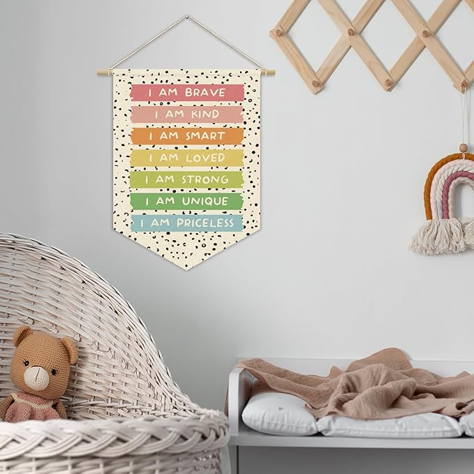 Boho Classroom Decor,Positive Affirmation for Playroom Wall Decor Canvas Banner,Pastel Rainbow Wall Hanging Pennant Flagfor Playroom Homeschool Bedroom 15x11in