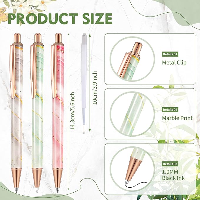 Sherr 7 Pcs Fancy Pens for Women Cute Sparkly Glitter Pens with 10 Pcs Black Ink Refills Pretty Gifts for Girls Office School Christmas Graduation(Marble)
