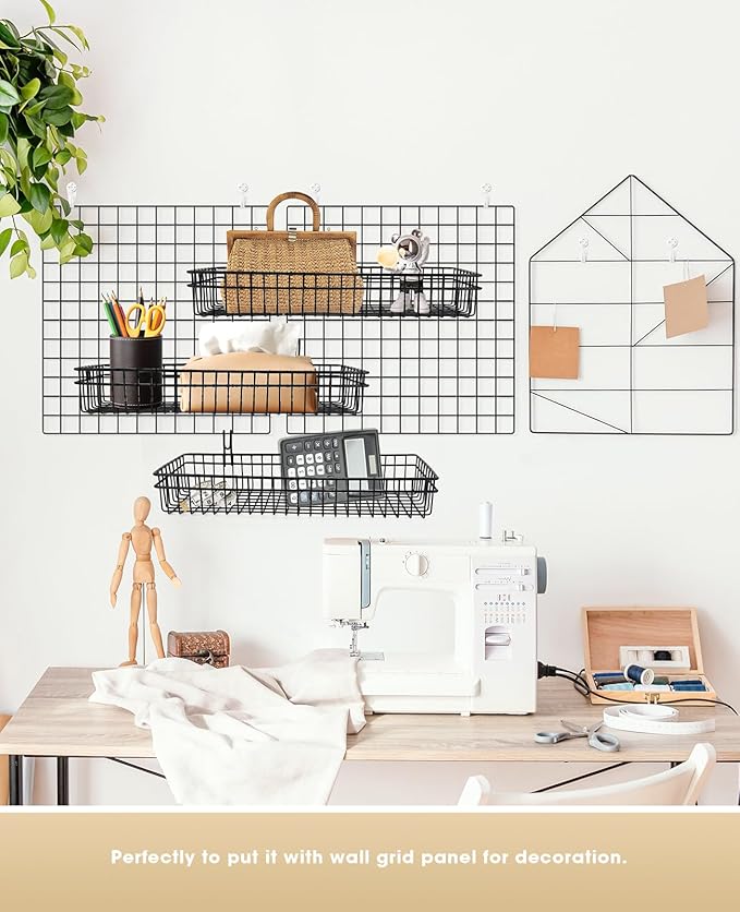ANZOME 2 Pcs Metal Grid Wall Baskets with Hooks - Black Hanging Wire Basket Grid Wall Shelves - Multi Function Storage Organizer Plant Holder Shelf for Mesh Wall Grid Kitchen Organizing Display