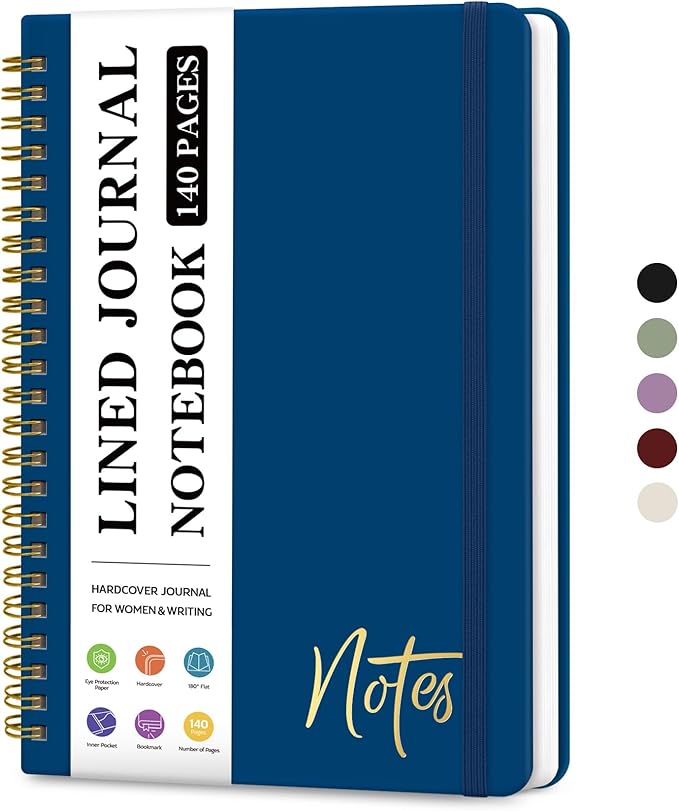 Lined Spiral Journal Notebook for Women, A5 College Ruled Journals for Writing, Hardcover Notebooks for Work, Note taking and Office School Supplies,140 Pages - Navy Blue