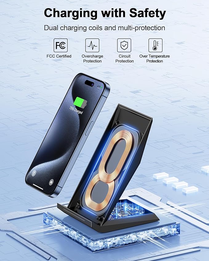 Fast Wireless Charger, NANAMI Qi Certified Wireless Charging Stand Compatible iPhone 17/17 Air/16/15/15 Pro/15 Plus/15 Pro Max/14/13/12, for Samsung Galaxy S25/S24/S23/S22/S21 and Qi-Enabled Phone