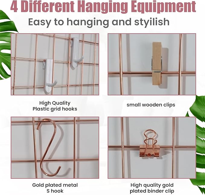 Metal Grid Wall Panel Rose Gold, Wire Grid Photo Display Organizer, 17.3"×11.8" Wire Board Grid Wall, Grid Picture Frame, 4-Pack Wire Mesh Memo Board with Clips and Hooks