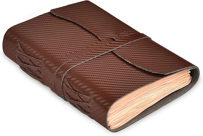 LEATHER VILLAGE Carbon Fiber Genuine Leather Bound Journal - 7'' x 5'', 220 Pages - Vintage Blank Paper Diary for Writing, Drawing, Sketchbook, and Travel Notebook - Ideal for Women and Men- Brown