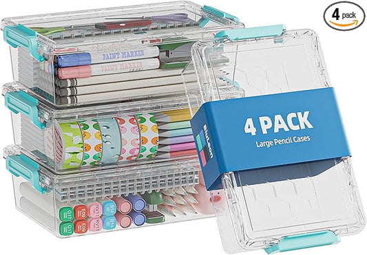 4 Pack Extra Large Pencil Box, Plastic Pencil Case Organizer, Clear Crayon Box Marker Organizer, Stackable Craft Organizers and Storage for Pen, Craft, Art Supply(Green)