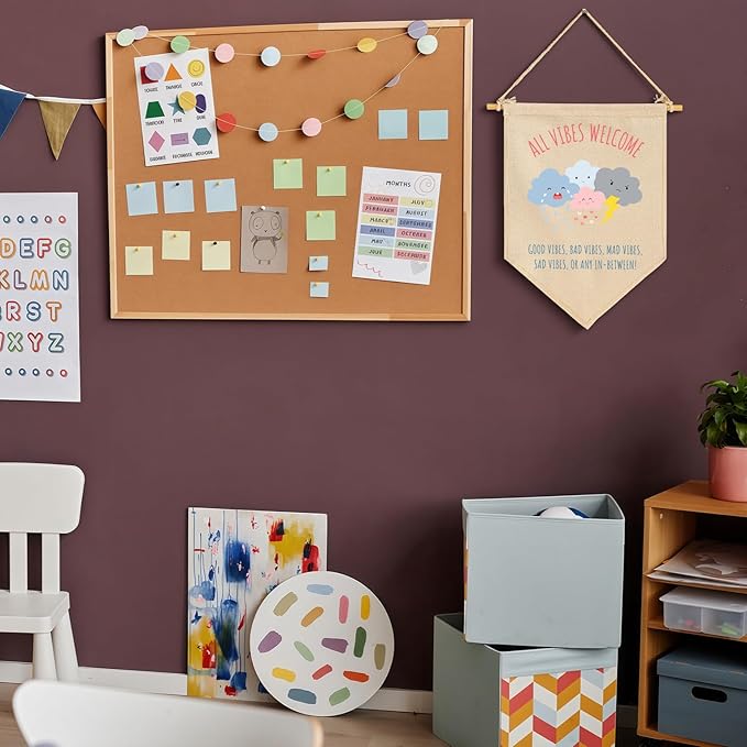 All Vibes Welcome Banner-Guidance Counselor Therapy Classroom Decor-Emotions-Mental Health Flag -Good Vibes Only-Feel Feelings Canvas Hanging Pennant Flag Banner Wall Sign Decor