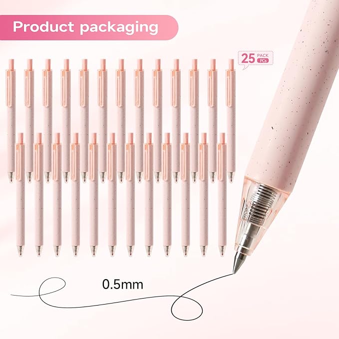 RIANCY Cute Pink Pens Black Ink 25PCS Retractable Gel Pens Writing Extra Fine Point 0.5mm Gift for Women Journaling Teachers Stationery Office School