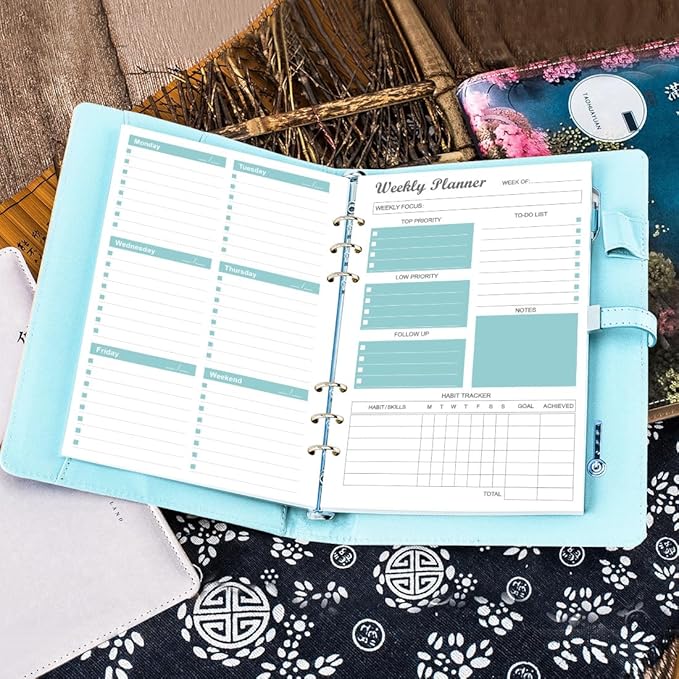 6-Hole Weekly Planner Refills for A5 Binders - 53 Sheets/106 Pages Undated Weekly Planner, 100 gsm White Paper, Lasts 1 Year, Undated, 5.8" x 8.3", Teal