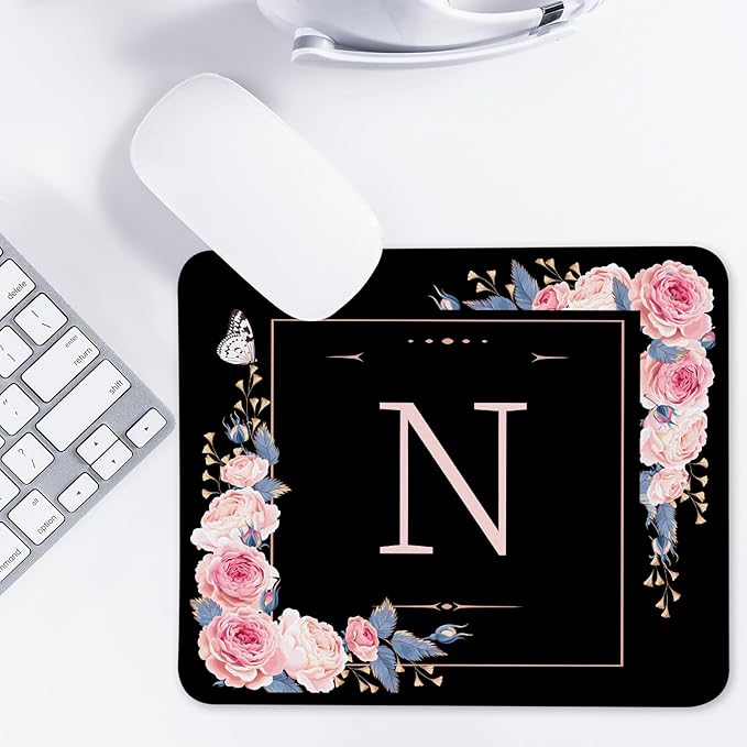 Letter N Black and Pink Flowers Square Mouse Pad, Mouse Pad with Stitched Edge and Non-Slip Rubber Base,Mouse Mat,Home Office Decor Desk Accessories,9.4x7.8x0.12 inch Square Mouse Pad