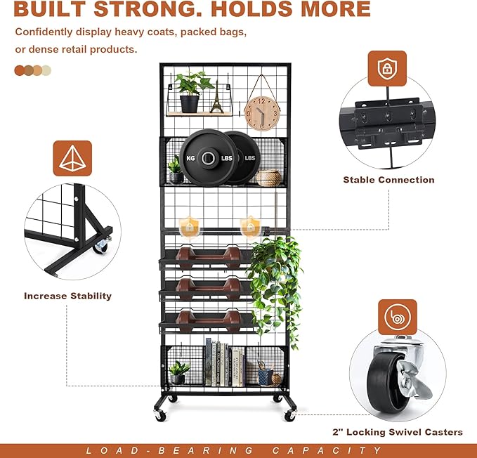 Foldable Grid Wall Panels Display Rack 5.6' x 2' FT with 30 Hooks, Movable Gridwall Display Stand for Retail Display Craft Merchandise