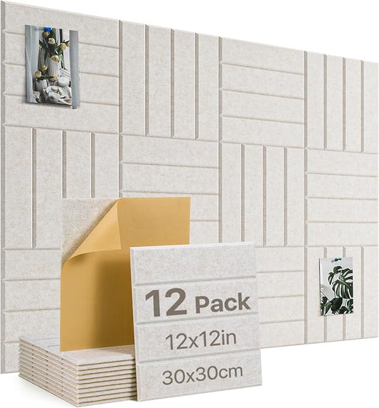 Large Cork Board, 12 Pack 12"X12"X0.4" Felt Bulletin Board Tiles with Self Adhesive for Wall Home Office Decor, Pin Cork Boards-Light Camel