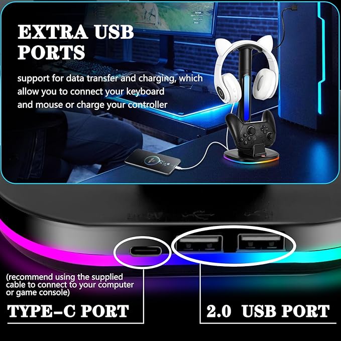 Charger Dock for Switch Pro Controller, JDGPOKOO Charger with RGB Headphone Stand for Nintendo Switch & OLED, Charging Dock Station with 2 USB Charging Ports and Headset Stand, Black