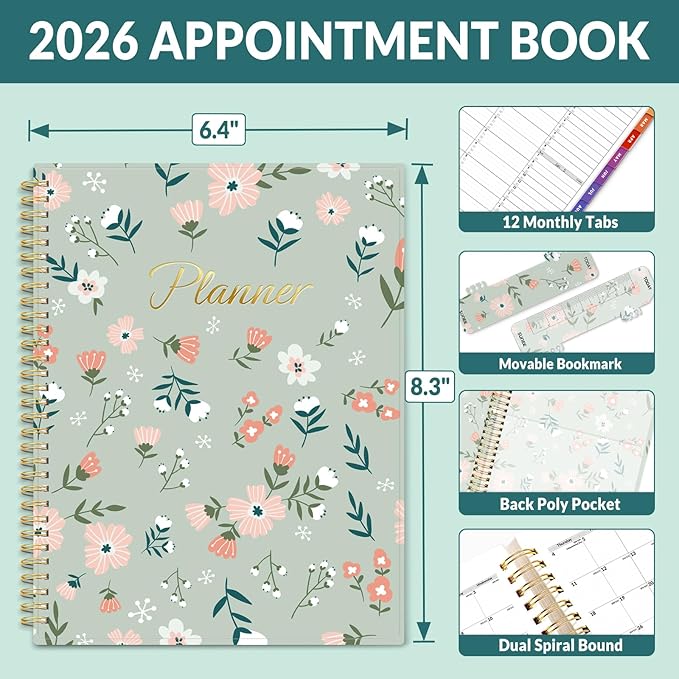 SUNEE 2026 Appointment Book, Quarter-Hourly, Weekly & Monthly - from January 2026 - December 2026, 8.5"x11" Weekly Planner, Flexible Cover, Note Pages, Pockets, Bookmark, Spiral Binding,