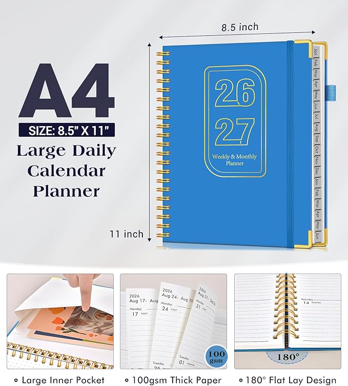 Planner 2026-2027, 18 Months Weekly and Monthly Hardcover Planner, January 2026 - June 2027, 8.5" x 11" A4 Large Daily Calendar Planner Book with Tabs, Spiral Yearly Agenda Organizer Notebook for School Work Home, Navy