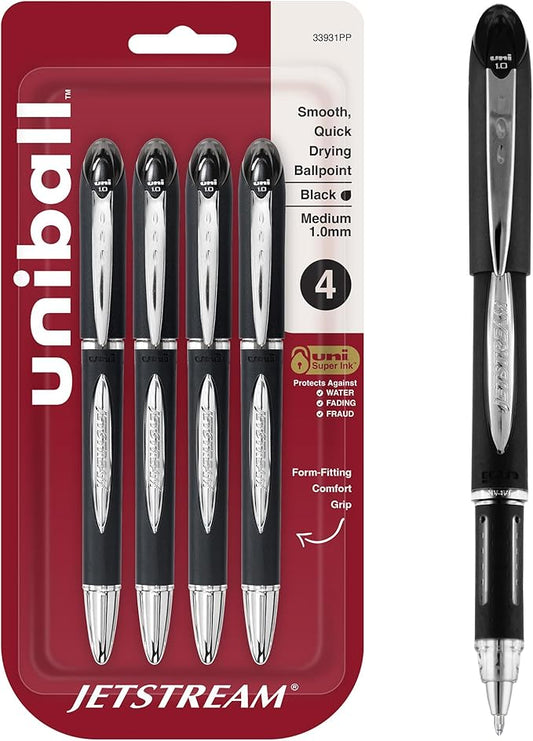 uniball Jetstream Ballpoint Pens, Medium Point (1.0mm), Black, 4 Pack