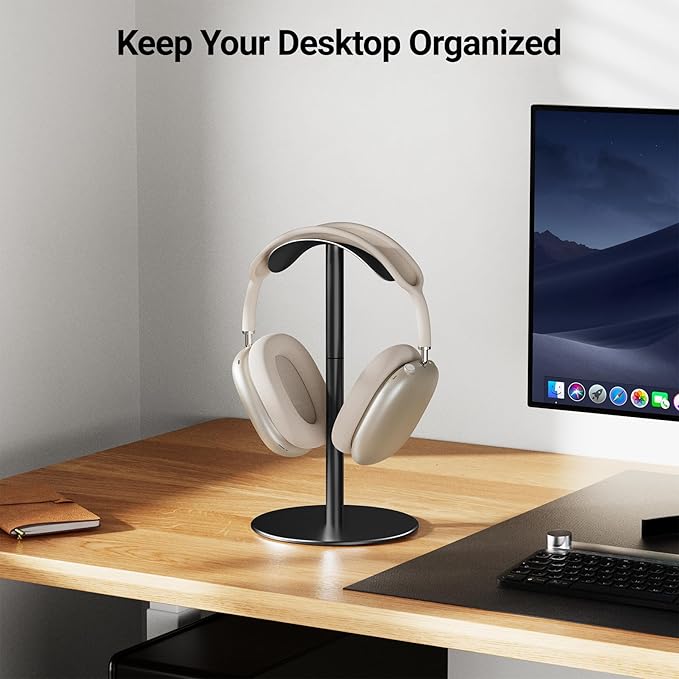Aluminum Alloy Headphone Stand for Desk, Gaming Headset Holder with Non-Slip Weighted Base, Compatible with AirPods Max and Over-Ear Headsets, Space-Saving Design (Black)