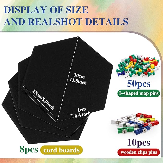 8 Pcs 12" Large Hexagon Felt Cork Board Tiles Self Adhesive DIY Bulletin Board Pin for Office Home Wall Decor Stickers Memos Photos Display with 10 Multi-Color Clip Drawing Pins(Colorful)