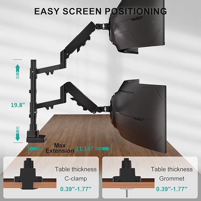 WALI Vertical Dual Monitor Stand for 17-49” Ultrawide Curved Screens, Heavy Duty Stacked Dual Monitor Mount with Tall Pole, Adjustable Gas Spring Monitor Arm up to 33lbs, 75/100mm VESA, Black