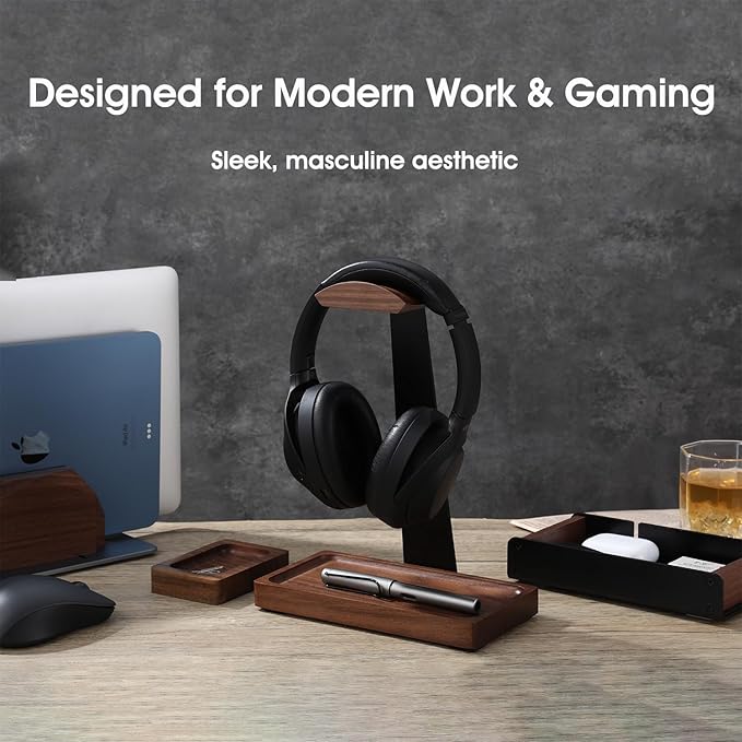Walnut Headphone Stand, Wood Headset Stand for Desk, Wooden Universal Headphone Holder with Storage Base for Gaming, AirPods Max, Bose,Razer, Sennheiser (Black)