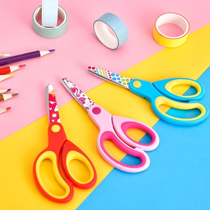 Left Handed Kids Scissors, Lefty Safety Toddler Children Scissors, Small Craft Scissors with Blunt Tip - Fun Print Blade, Great for DIY, Arts, Home, School Classroom Use, Assorted Color, 6-Pack