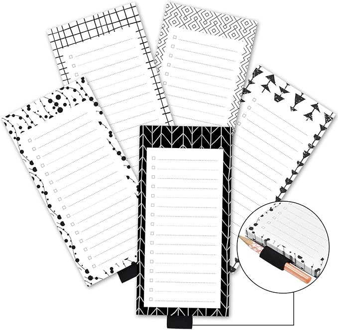 5 Pack White Black Scandi Magnetic Notepads with Pen Holder,for Grocery, Shopping and to Do Lists with Checkbox,Note Pad for Refrigerator 3.3" x 3.8",50 Sheets