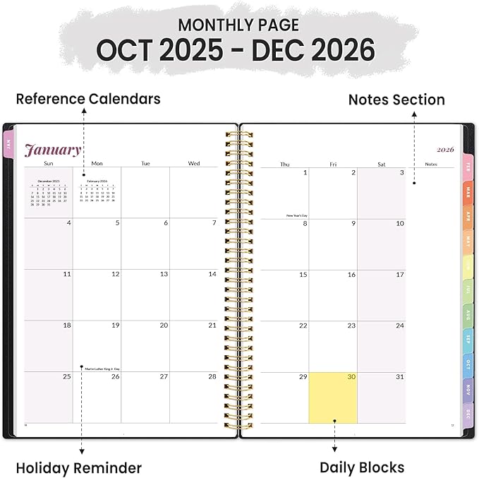 2026 Planner, Annecy Weekly ＆ Monthly Planner 2026, Jan. 2026 – Dec. 2026, 8.5" x 11" Monthly Agenda Planner with Tabs, Waterproof Flexible Cover, Spiral Binding, Double-sided Pocket, Bookmark, Black