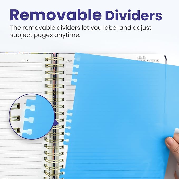 Large Spiral Lined Notebooks for Work with Removable Dividers & Tabs, 8.5"x11" Pretty Hardcover 5 Subject Notebook Journal for Women, College Ruled, Perfect for Study & Office Organization, 280 Pages, Petal Rhythm