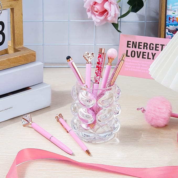 WEMATE 8Pcs Ballpoint Pens Set Metal Crystal Diamond Glitter for Journaling Pink Pen Bling in Black & Blue Ink Pretty Cute Fancy Mothers Day Gift for Women Wedding School Office Desk(Pink)
