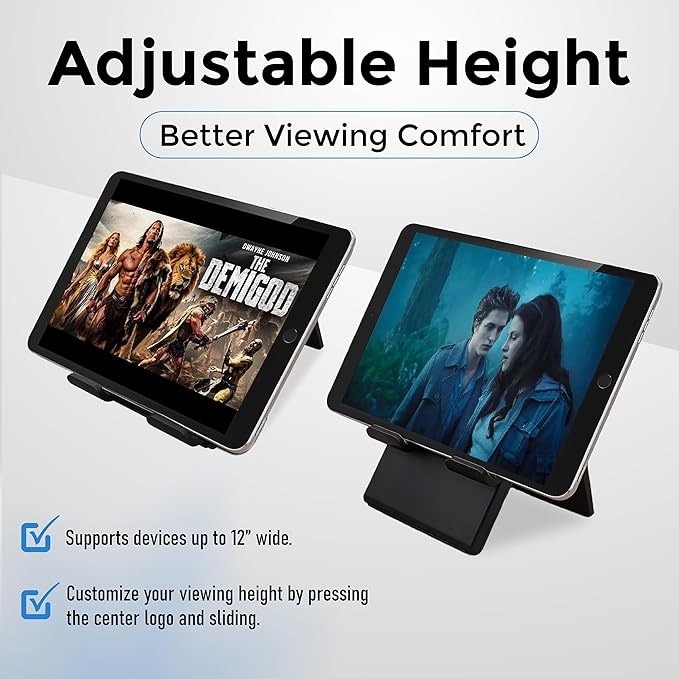 Tablet Stand, Adjustable Height, Phone Stand, Tablet Stand for Desk, Devices up to 12", Charging Slot, Foldable, Silicone Padding, Compatible with iPad/iPhone, Fits Tablets and Phones