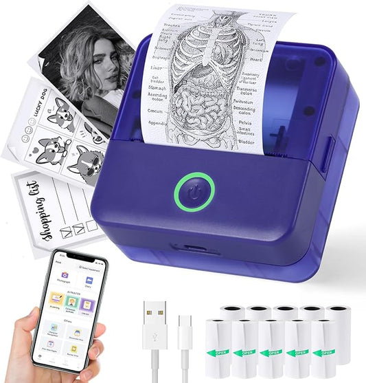 cudinham Print Pods Mini Printer, Sticker Printer with 10 Rolls Thermal Printing Paper, Inkless Pocket Printpod for Phone, Impresora Portátil for Notes, DIY, Compatible with iOS & Android (Purple)