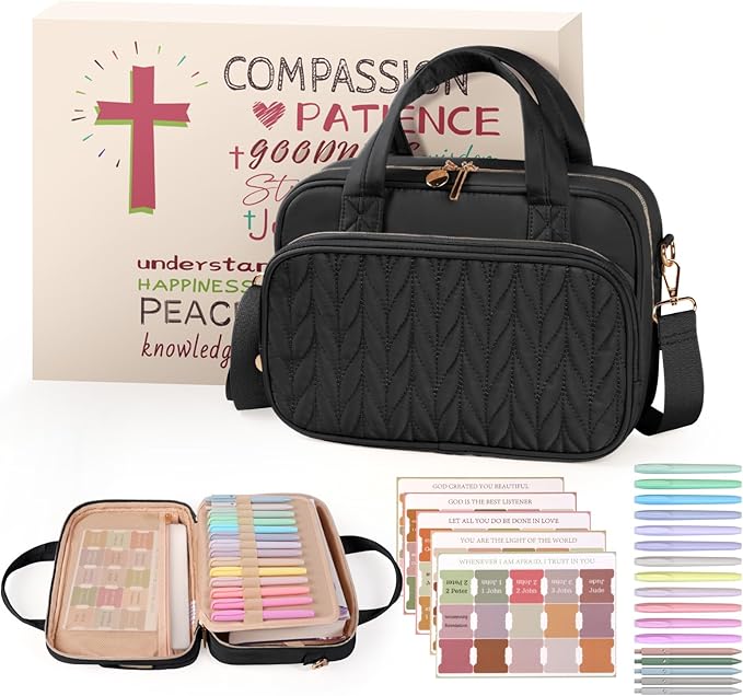 Bible Cover Case for Women, Large Bible Bag with Study Supplies, Bible Journaling Kit with Highlighters and Pens No Bleed, Christian Gift for Women (Shoulder Strap, Black)
